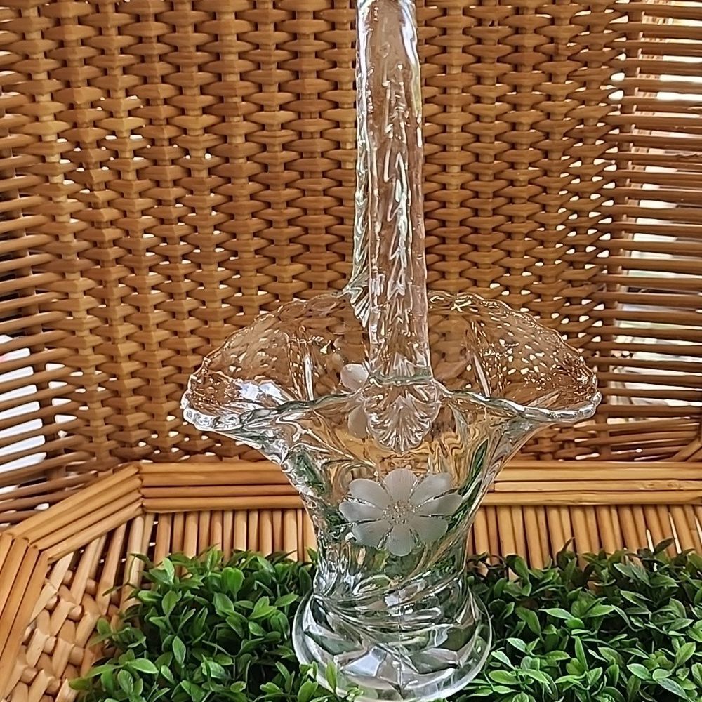 Vintage Etched Glass Floral Bride's Basket With Handle Coquette Bridal